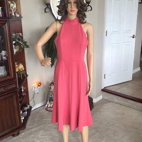 Donna Morgan Coral Tailored Midi Dress Halter Mock Neck Sleeveless Fit & Flare - Picture 4 of 16